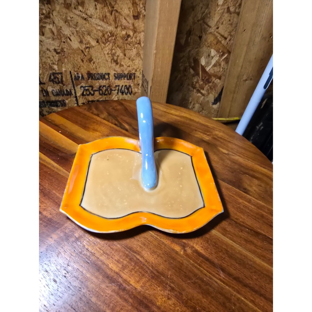 Vintage Made in Japan Lusterware Tidbit Snack Tray Handle Orange Blue 6.5in